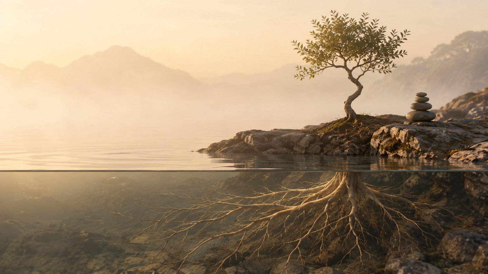 Baum am Wasser, dessen Wurzeln unter der Oberfläche sichtbar sind, als Sinnbild für Coaching an der Wurzel